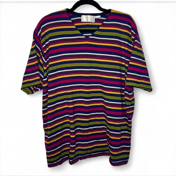 Liz Claiborne Elisabeth 3X Rainbow Stripe Oversized Tee V-Neck Y2K Vibe - Picture 1 of 6